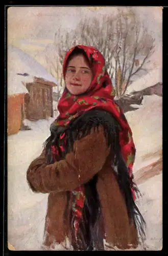 Künstler-AK Russisches Dorfmädchen in Winterkleidung