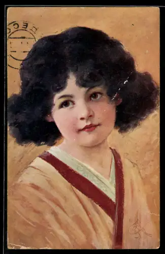 Künstler-AK C.V.Muttich: Junges Mädchen mit schwarzen Haaren