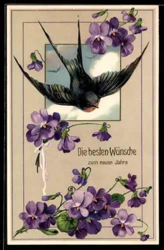 AK Schwalbe im Flug mit violetten Blumen