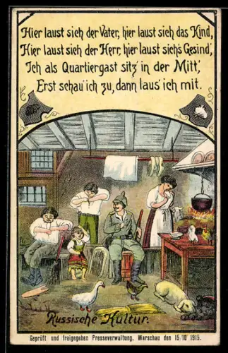 AK Russische Kultur, Hier laust sich der Vater, das Kind, deutscher Quartiergast laust mit