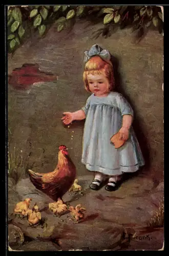 Künstler-AK Elly Frank: Kleines Mädchen füttert Hühner