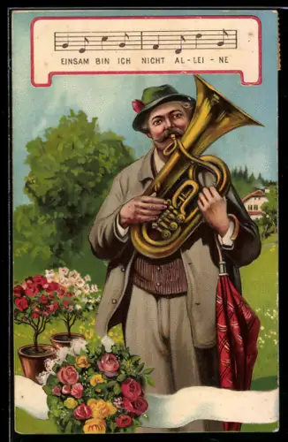 AK Geburtstagsgruss, Mann mit Blasinstrument