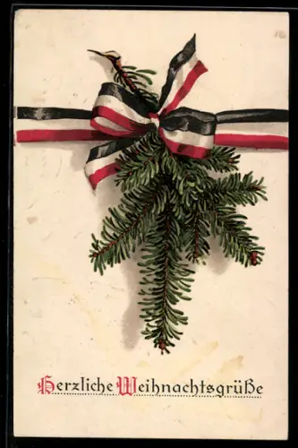 Künstler-AK Weihnachtsgrüsse, Tannenzweig mit Schleife in Farben des Kaiserreichs