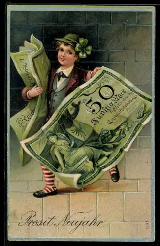 AK Knabe mit Geldscheinen 50 Mark, Prosit Neujahr