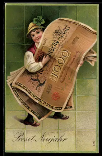 AK Knabe mit riesigen Geldscheinen, 1000 Mark