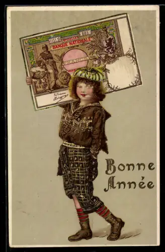 AK Kind mit einem belgischen Geldschein auf der Schulter