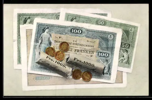 AK Geldscheine der Thurgauischen Hypothekenbank und Münzen