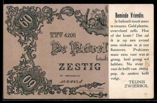 AK Lieve Vriendin!, De Nederlandsche Bank betaalt 60 Gulden..., Klaasje Zevenster