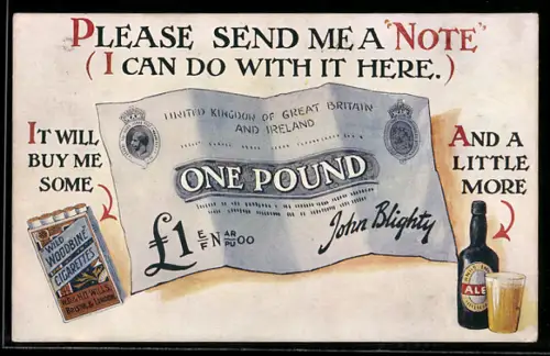 AK Ein Pfund-Schein, Zigarettenschachtel und Bierflasche, Please send me a note