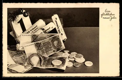 AK Geldschein 20 Reichsmark, Geldstücke, Hufeisen, Neujahr
