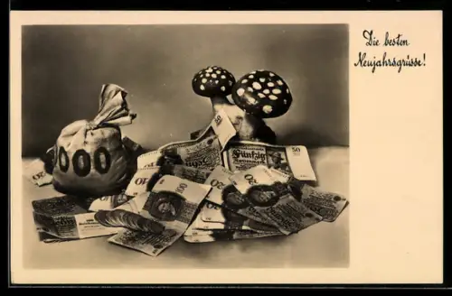 AK Geldscheine, Geldsack, Fliegenpilz