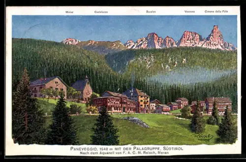 Künstler-AK F.A.C.M. Reisch: Paneveggio, Totale mit der Palagruppe