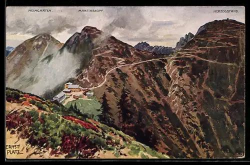 Künstler-AK Ernst Platz: Blick auf die Berge mit Heimgarten, Martinskopf und Herzogstand