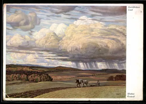 Künstler-AK Walter Einbeck: Herbstliches Land, Bauer mit Pferdepflug