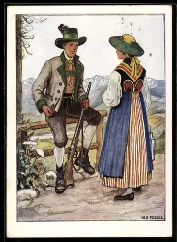 Künstler-AK M. E. Fossel: Ostmärkische Volkstrachten, Paar aus der Steiermark-Kreis Leoben