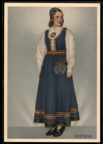 AK norwegische Tracht: Vesteold, junge Frau mit Tasche a. d. Tracht