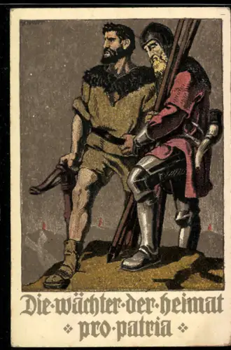 AK Bundesfeier 1910, Krieger mit Armbrust und Horn, Die Wächter der Heimat