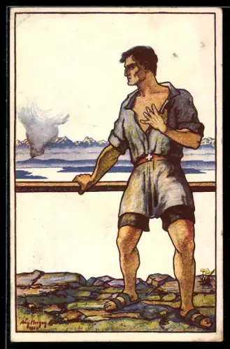 Künstler-AK Schweizer Bundesfeier 1924, Mann schaut z. Bergen Wert 10 Rp