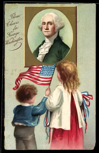 Lithographie Kinder mit Fahne am Portrait von Washington