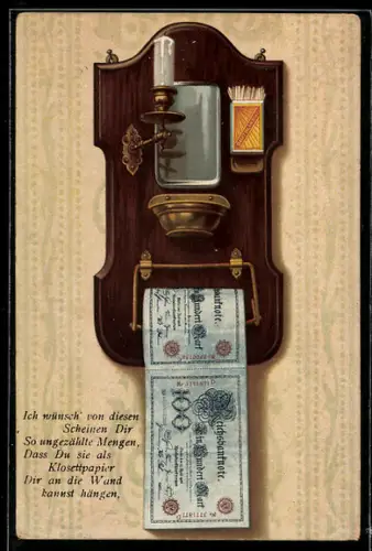 AK Toilettenpapierrolle aus Geldscheinen an der Wand