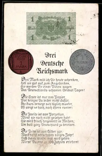 AK Deutschland, 1 Deutsche Reichsmark, Geldschein, Geldstücke