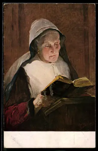 AK Im Lichte der Bibel, Alte Frau liesst in der Bibel