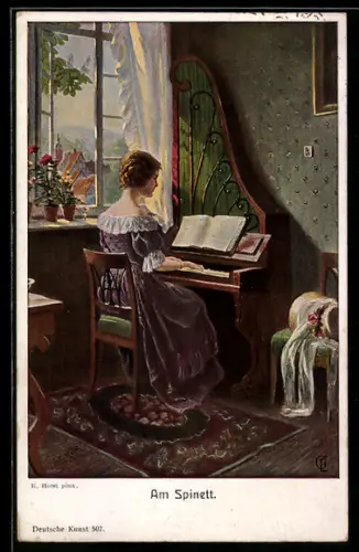 Künstler-AK junge Frau spielt das Spinett
