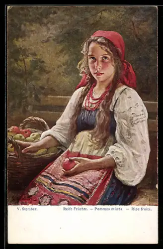 Künstler-AK sign. V. Stember: Junge Frau mit einem Korb Äpfel