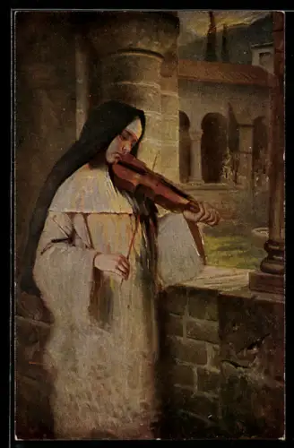Künstler-AK Hermann Kaulbach: Geige spielende Nonne im Kreuzgang eines Klosters
