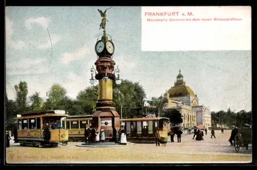 AK Frankfurt a. M., Mauskopfs Uhrturm mit dem neuen Schauspielhaus und Strassenbahn