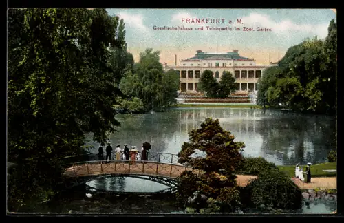 AK Frankfurt a. M., Gesellschaftshaus und Teichpartie im Zoologischen Garten