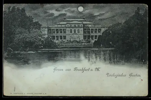Mondschein-AK Frankfurt a. M., Zoologischer Garten im Vollmondlicht