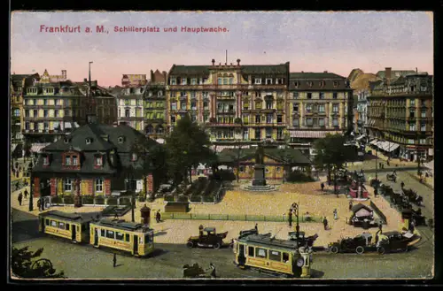 AK Frankfurt a. M., Schillerplatz und Hauptwache mit Pferdekutschen und Strassenbahnen
