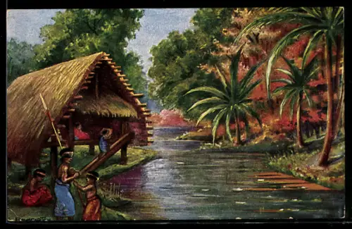 Künstler-AK Neumecklenburg, Flusspartie und Eingeborene an der Hütte