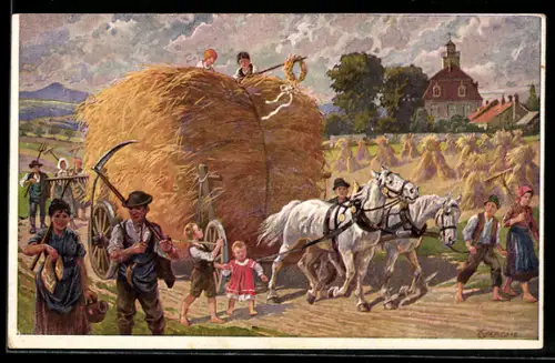 Künstler-AK Erntewagen umringt von Bauern