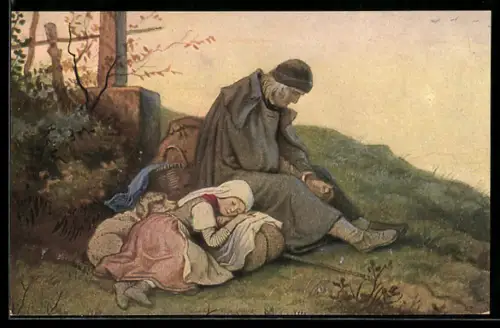 Künstler-AK Ludwig Richter: Vater mit Tochter rasten nach anstrengender Wanderschaft