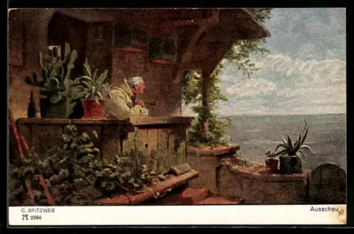 Künstler-AK Carl Spitzweg: Ausschau, Mann mit Pfeife auf dem Balkon