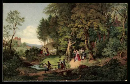 Künstler-AK Ludwig Richter: Der Brautzug, Festgesellschaft kommt von der Kapelle im Wald