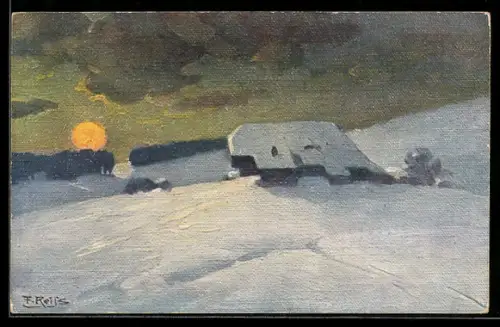 Künstler-AK Fritz Reiss: Mondaufgang hinter einem Haus