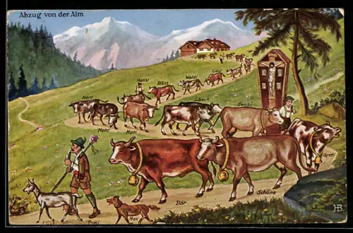 Künstler-AK Hans Boettcher: Abzug von der Alm, die Herde kehrt von der Alm zurück, Hund und Ziege