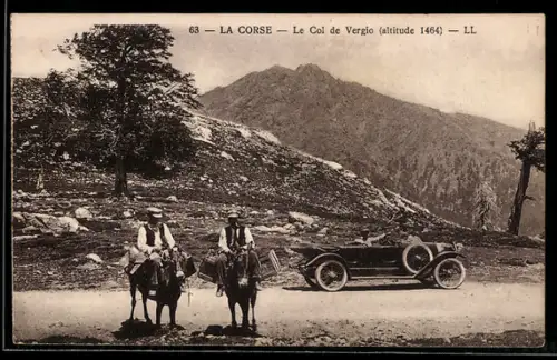 AK La Corse, Le Col de Vergio avec cavaliers et voiture ancienne