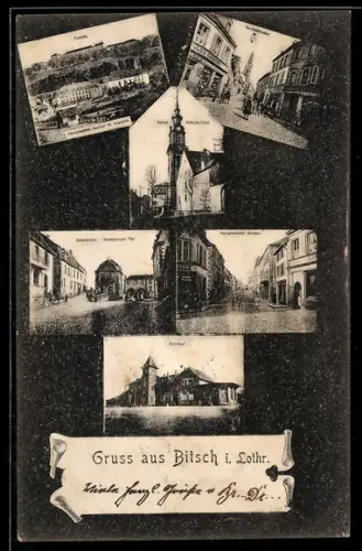 AK Bitsch i. Lothr., Herrenstrasse, Festung, Bahnhof, Saargemünder Strasse, Strassburger Tor, Kaiser Wilhelm-Platz