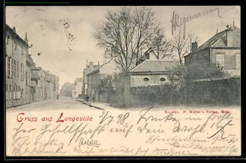 AK Longeville, Vue de la rue principale avec bâtiments et arbres en hiver