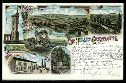 Lithographie Gravelotte, Kaiser Wilhelm-Stein bei Mogadore, Hotel ou Cheval d`Or, Jägerdenkmal, Aussichtsturm