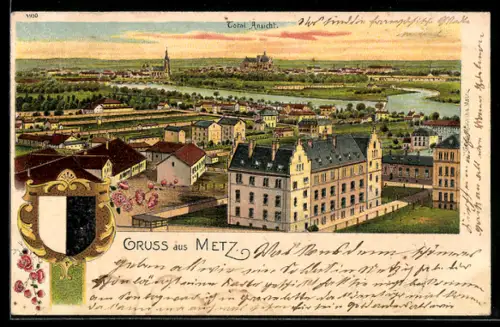 Lithographie Metz, Vue générale de la ville avec bâtiments historiques et rivière au premier plan