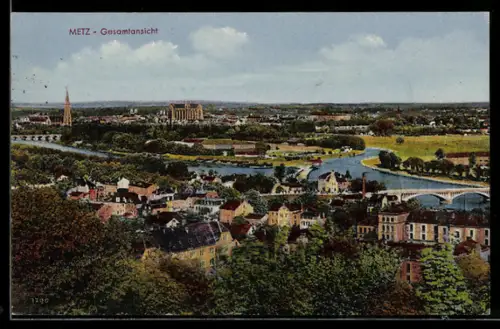 AK Metz, Vue d`ensemble de la ville avec rivière et ponts