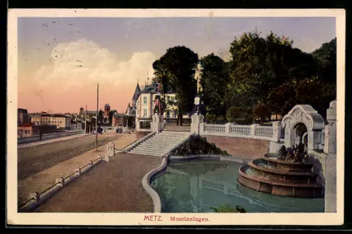 AK Metz, Moselanlagen avec fontaine et promenade élégante
