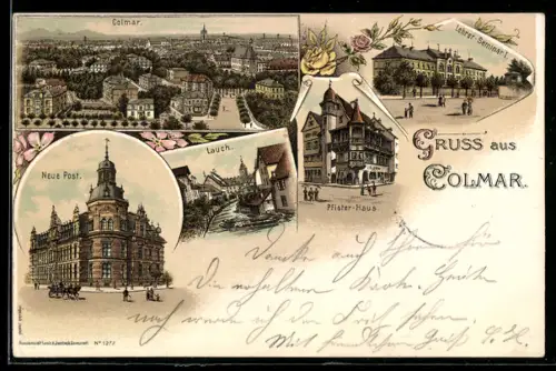 Lithographie Colmar, Vue de la ville avec Neue Post, Lauch, Pfister-Haus et Lehrer-Seminar