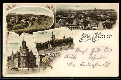 Lithographie Colmar, Collage de vues: Drei Aehren, Colmar, Neue Post, Rappplatz