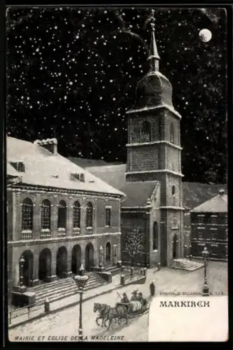 AK Markirch, Mairie et Église de la Madeleine sous la neige
